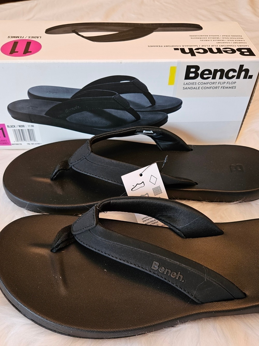Bench. Ladies Black Comfort Flip Flop Simple Beach Sandals, Size 11, New in Box